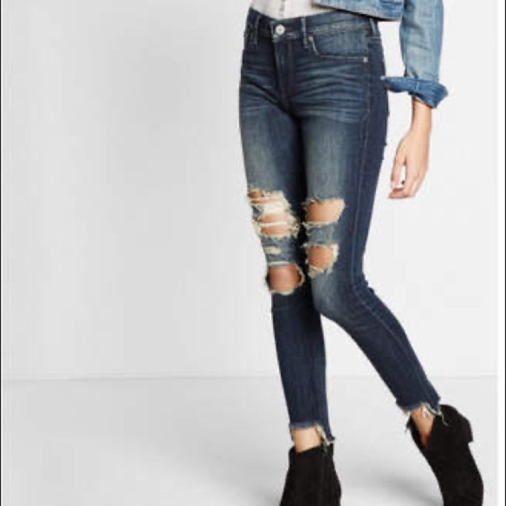 🆕 Express Dark Wash Distressed Mid Rise Stretch Ankle Length Skinny Jeans Size 6